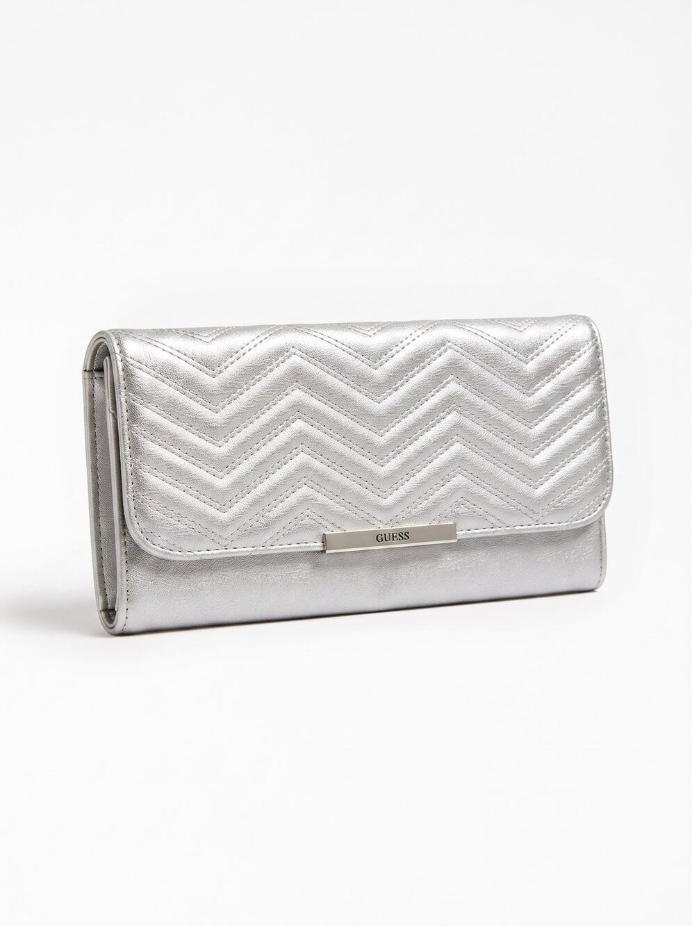 Guess Cleopatra Chevron Quilted Metallic Silver Evening Clutch Wallet Bag
